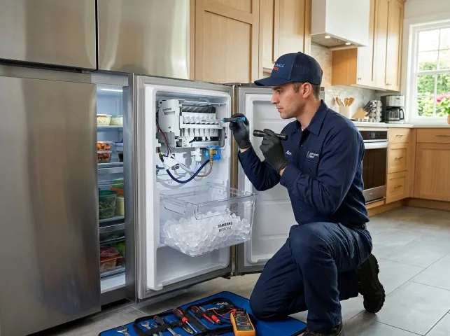 Appliance Repair Hero technician repairing a refrigerator ice maker in Blawenburg, NJ