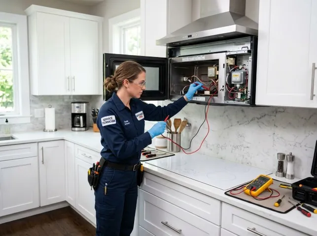 Appliance Repair Hero technician testing an over-the-range microwave in a Blawenburg, NJ kitchen