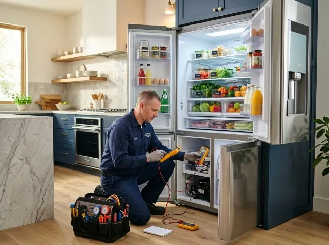 Appliance Repair Hero refrigerator technician testing a fridge on a Blawenburg, NJ service call